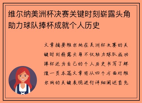 维尔纳美洲杯决赛关键时刻崭露头角助力球队捧杯成就个人历史