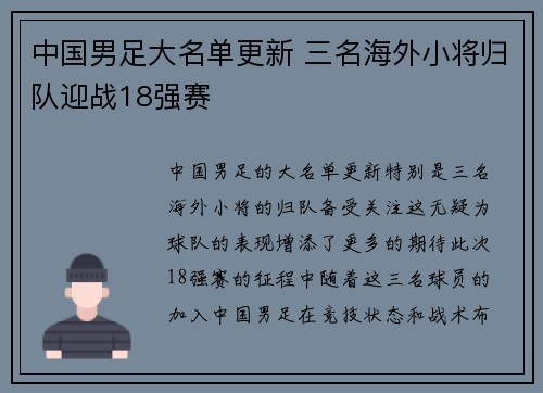 中国男足大名单更新 三名海外小将归队迎战18强赛