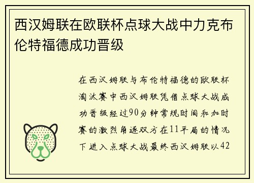 西汉姆联在欧联杯点球大战中力克布伦特福德成功晋级 西汉姆联在欧联杯点球大战中力克布伦特福德成功晋级