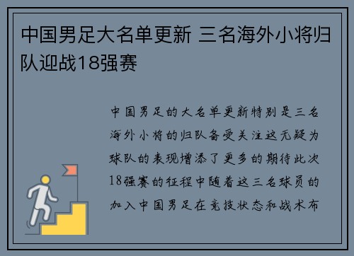 中国男足大名单更新 三名海外小将归队迎战18强赛