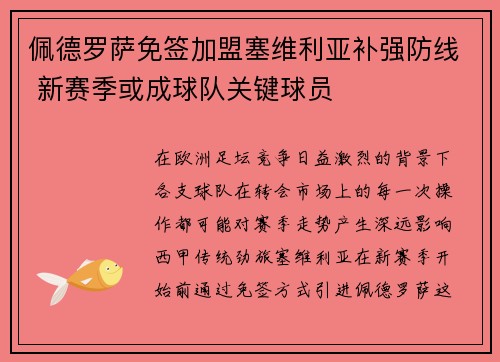佩德罗萨免签加盟塞维利亚补强防线 新赛季或成球队关键球员
