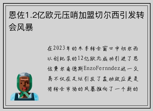 恩佐1.2亿欧元压哨加盟切尔西引发转会风暴 恩佐1.2亿欧元压哨加盟切尔西引发转会风暴
