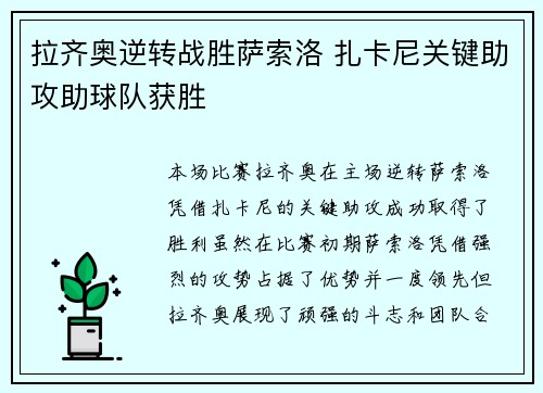 拉齐奥逆转战胜萨索洛 扎卡尼关键助攻助球队获胜